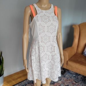 Jealous Tomato White Mini Dress With Neon Orange Straps, Anthropology, Size M